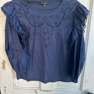 J. Crew Navy Blue Eyelet Ruffle Blouse